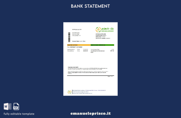 modello Excel di estratto conto bancario Somalia Dara Salaam in stile verificato